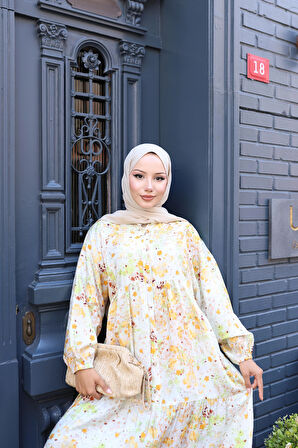 Kadın Rahat Kalıp Düğmeli Desenli Modal Elbise