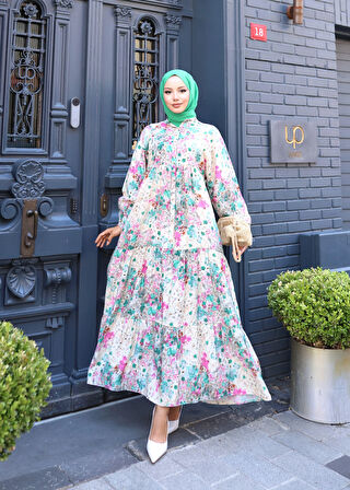 Kadın Rahat Kalıp Düğmeli Desenli Modal Elbise