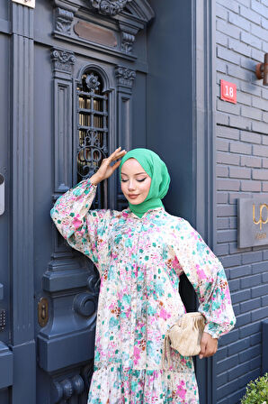 Kadın Rahat Kalıp Düğmeli Desenli Modal Elbise