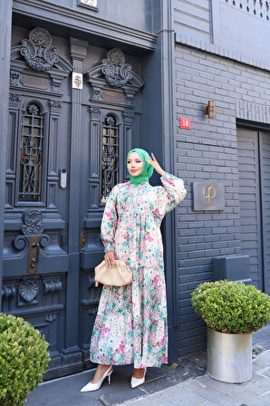 Kadın Rahat Kalıp Düğmeli Desenli Modal Elbise