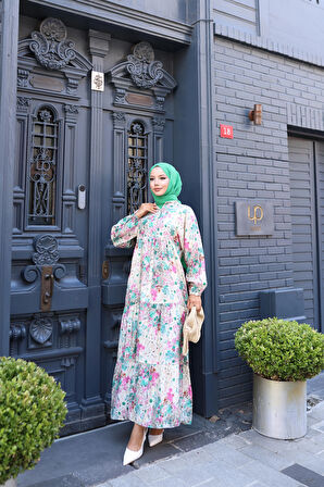 Kadın Rahat Kalıp Düğmeli Desenli Modal Elbise