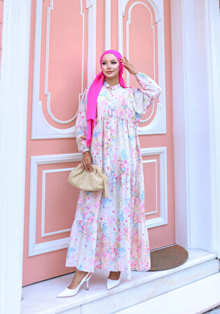 Kadın Rahat Kalıp Düğmeli Desenli Modal Elbise