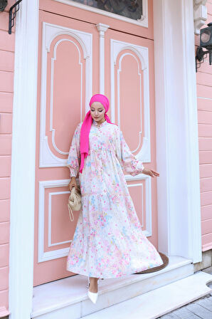 Kadın Rahat Kalıp Düğmeli Desenli Modal Elbise