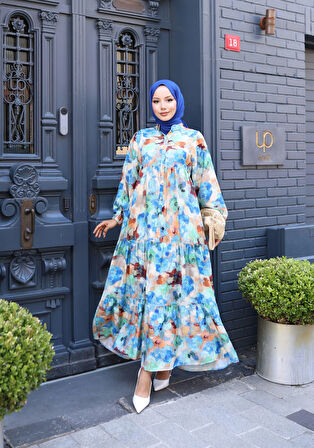 Kadın Rahat Kalıp Düğmeli Desenli Modal Elbise