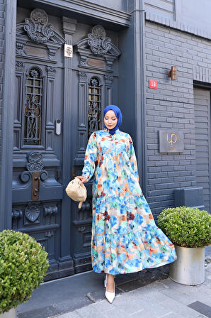 Kadın Rahat Kalıp Düğmeli Desenli Modal Elbise