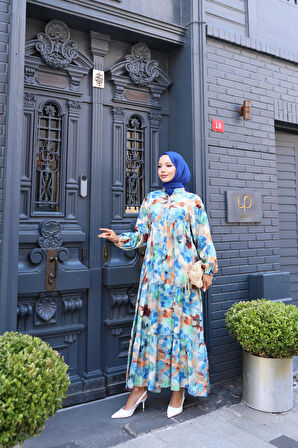 Kadın Rahat Kalıp Düğmeli Desenli Modal Elbise