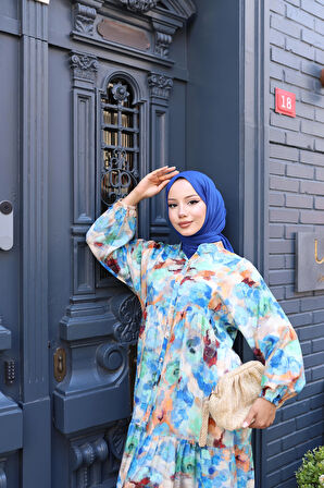 Kadın Rahat Kalıp Düğmeli Desenli Modal Elbise