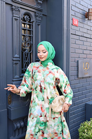 Kadın Rahat Kalıp Düğmeli Desenli Modal Elbise