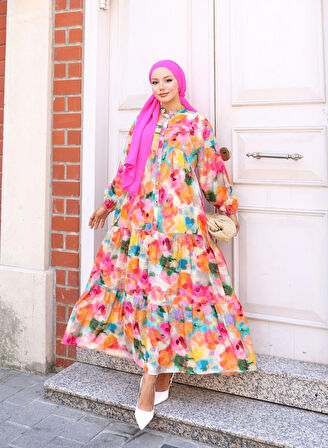 Kadın Rahat Kalıp Düğmeli Desenli Modal Elbise