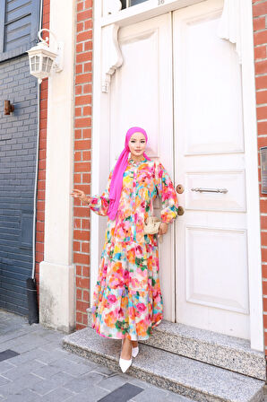 Kadın Rahat Kalıp Düğmeli Desenli Modal Elbise