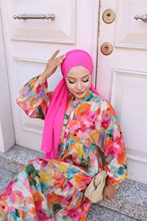 Kadın Rahat Kalıp Düğmeli Desenli Modal Elbise