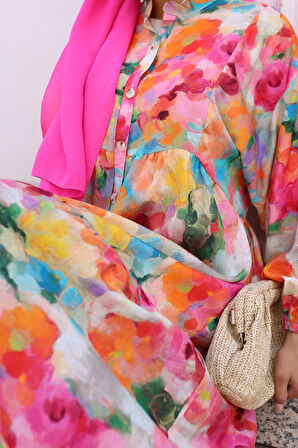 Kadın Rahat Kalıp Düğmeli Desenli Modal Elbise