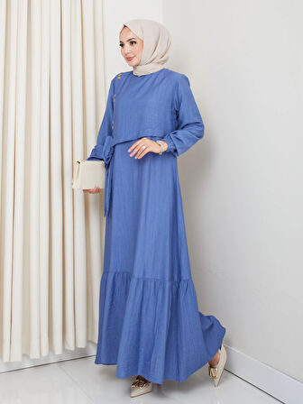 Kadın Bağlama Detaylı Çilek Kumaş Mavi Elbise