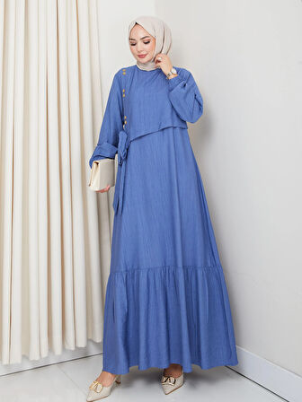 Kadın Bağlama Detaylı Çilek Kumaş Mavi Elbise