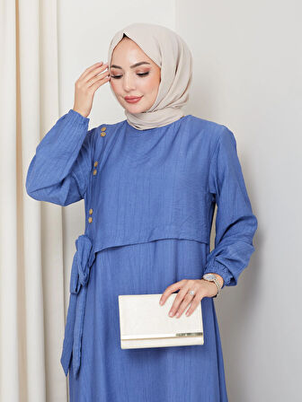 Kadın Bağlama Detaylı Çilek Kumaş Mavi Elbise