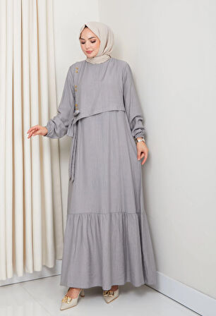 Kadın Bağlama Detaylı Çilek Kumaş Gri Elbise