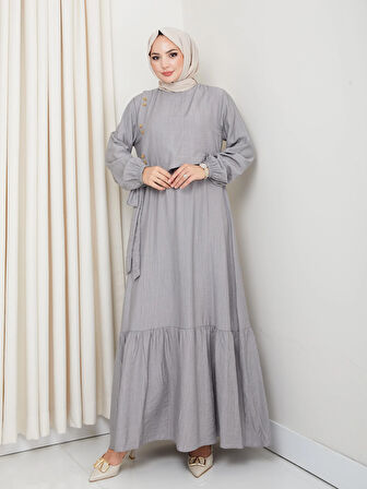 Kadın Bağlama Detaylı Çilek Kumaş Gri Elbise