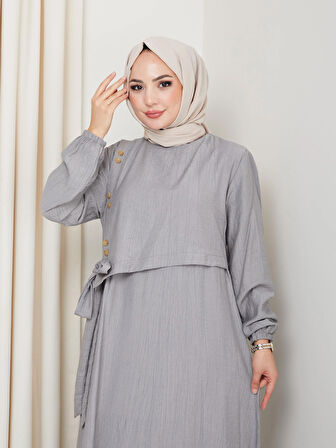 Kadın Bağlama Detaylı Çilek Kumaş Gri Elbise