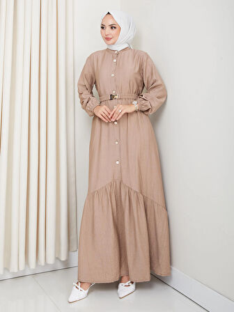 Kadın Beli Kemerli Düğme Detaylı Çilek Kumaş Bej Elbise