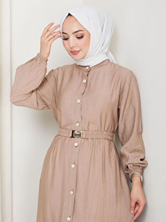 Kadın Beli Kemerli Düğme Detaylı Çilek Kumaş Bej Elbise