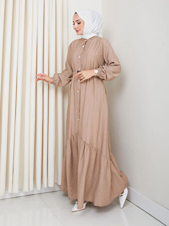 Kadın Beli Kemerli Düğme Detaylı Çilek Kumaş Bej Elbise