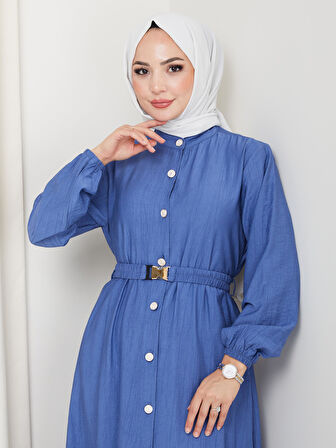 Kadın Beli Kemerli Düğme Detaylı Çilek Kumaş Mavi Elbise