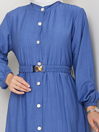 Kadın Beli Kemerli Düğme Detaylı Çilek Kumaş Mavi Elbise