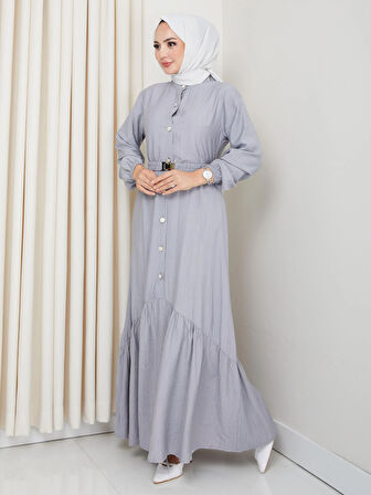 Kadın Beli Kemerli Düğme Detaylı Çilek Kumaş Gri Elbise