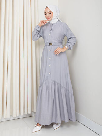 Kadın Beli Kemerli Düğme Detaylı Çilek Kumaş Gri Elbise