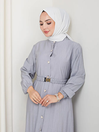 Kadın Beli Kemerli Düğme Detaylı Çilek Kumaş Gri Elbise