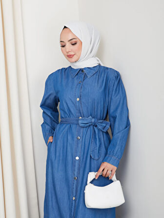 Kadın Düğmeli Kuşaklı Koyu Kot Elbise