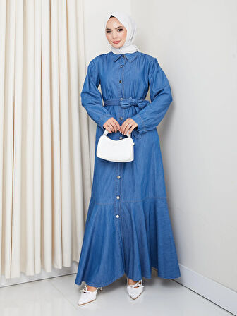 Kadın Düğmeli Kuşaklı Koyu Kot Elbise