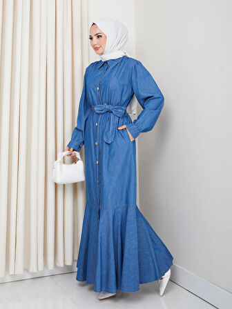 Kadın Düğmeli Kuşaklı Koyu Kot Elbise