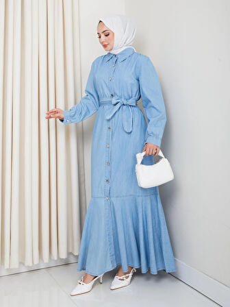 Kadın Düğmeli Kuşaklı Açık Kot Elbise
