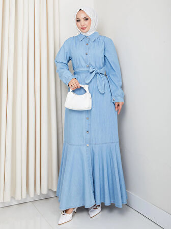 Kadın Düğmeli Kuşaklı Açık Kot Elbise