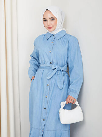 Kadın Düğmeli Kuşaklı Açık Kot Elbise