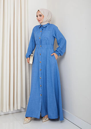Kadın Cep Detaylı Düğmeli Kuşaklı Mavi Keten Elbise