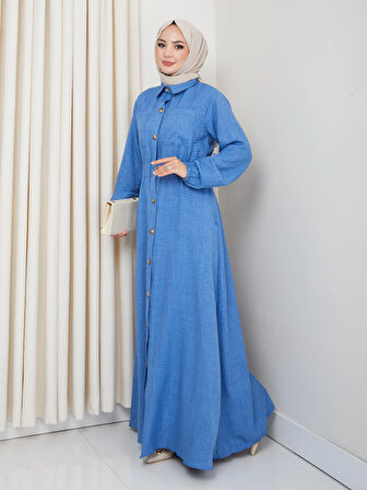 Kadın Cep Detaylı Düğmeli Kuşaklı Mavi Keten Elbise