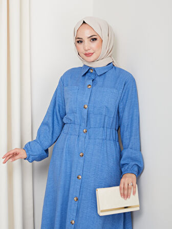 Kadın Cep Detaylı Düğmeli Kuşaklı Mavi Keten Elbise