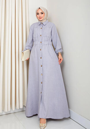 Kadın Cep Detaylı Düğmeli Kuşaklı Gri Keten Elbise