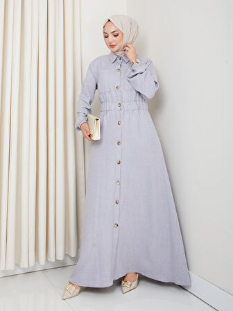 Kadın Cep Detaylı Düğmeli Kuşaklı Gri Keten Elbise