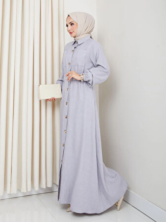 Kadın Cep Detaylı Düğmeli Kuşaklı Gri Keten Elbise