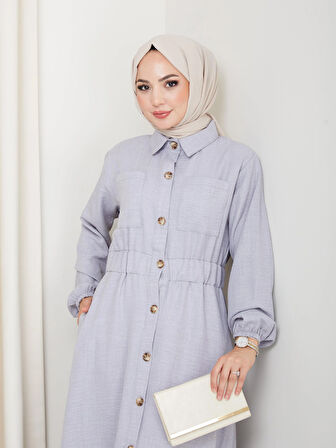 Kadın Cep Detaylı Düğmeli Kuşaklı Gri Keten Elbise