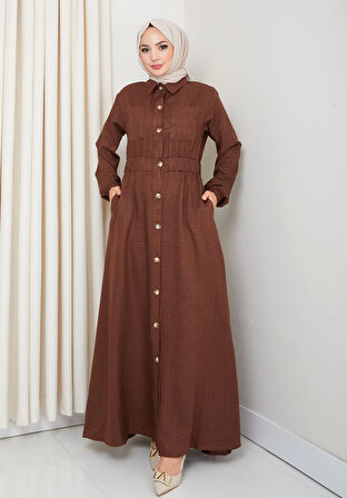 Kadın Cep Detaylı Düğmeli Kuşaklı Kahverengi Keten Elbise