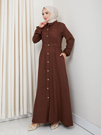 Kadın Cep Detaylı Düğmeli Kuşaklı Kahverengi Keten Elbise