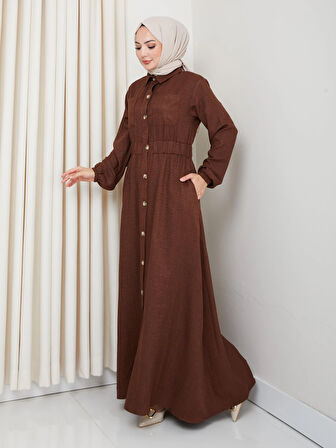 Kadın Cep Detaylı Düğmeli Kuşaklı Kahverengi Keten Elbise