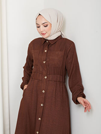 Kadın Cep Detaylı Düğmeli Kuşaklı Kahverengi Keten Elbise
