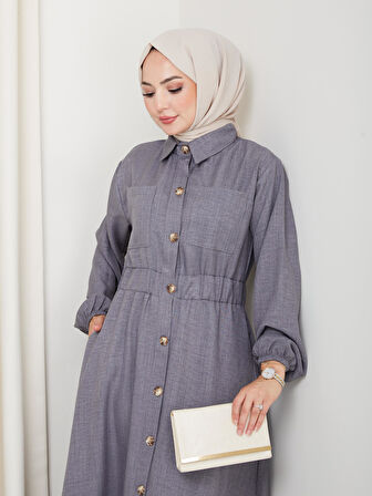 Kadın Cep Detaylı Düğmeli Kuşaklı Füme Keten Elbise