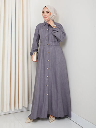 Kadın Cep Detaylı Düğmeli Kuşaklı Füme Keten Elbise