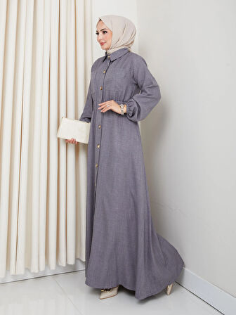 Kadın Cep Detaylı Düğmeli Kuşaklı Füme Keten Elbise